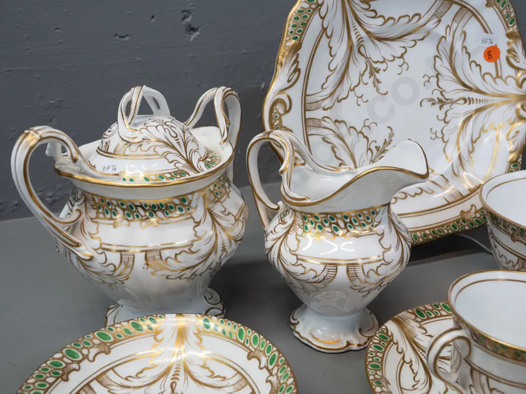 vintage Tuscan(?) tea set gilt & green glaze w/ pierced handles: teapot cream & lidded sugar 5x cups/saucers 4x spare Image 1++
