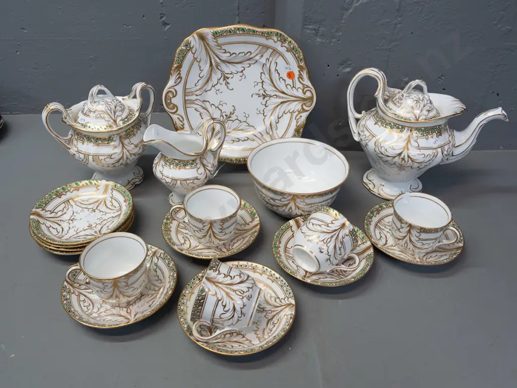 vintage Tuscan(?) tea set gilt & green glaze w/ pierced handles: teapot cream & lidded sugar 5x cups/saucers 4x spare Image 1++