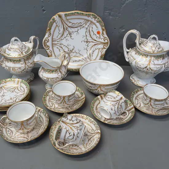 vintage Tuscan(?) tea set gilt & green glaze w/ pierced handles: teapot cream & lidded sugar 5x cups/saucers 4x spare