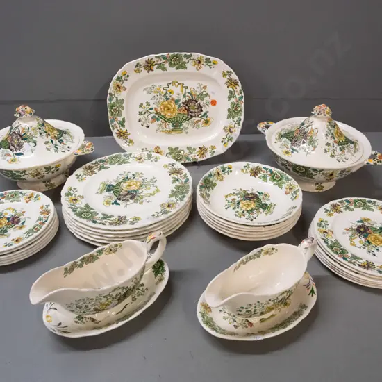 Masons "Strathmore" pattern ironstone table ware - 6 place setting with 3 plate sizes, bowls, 2 lidded tureens, ashett,