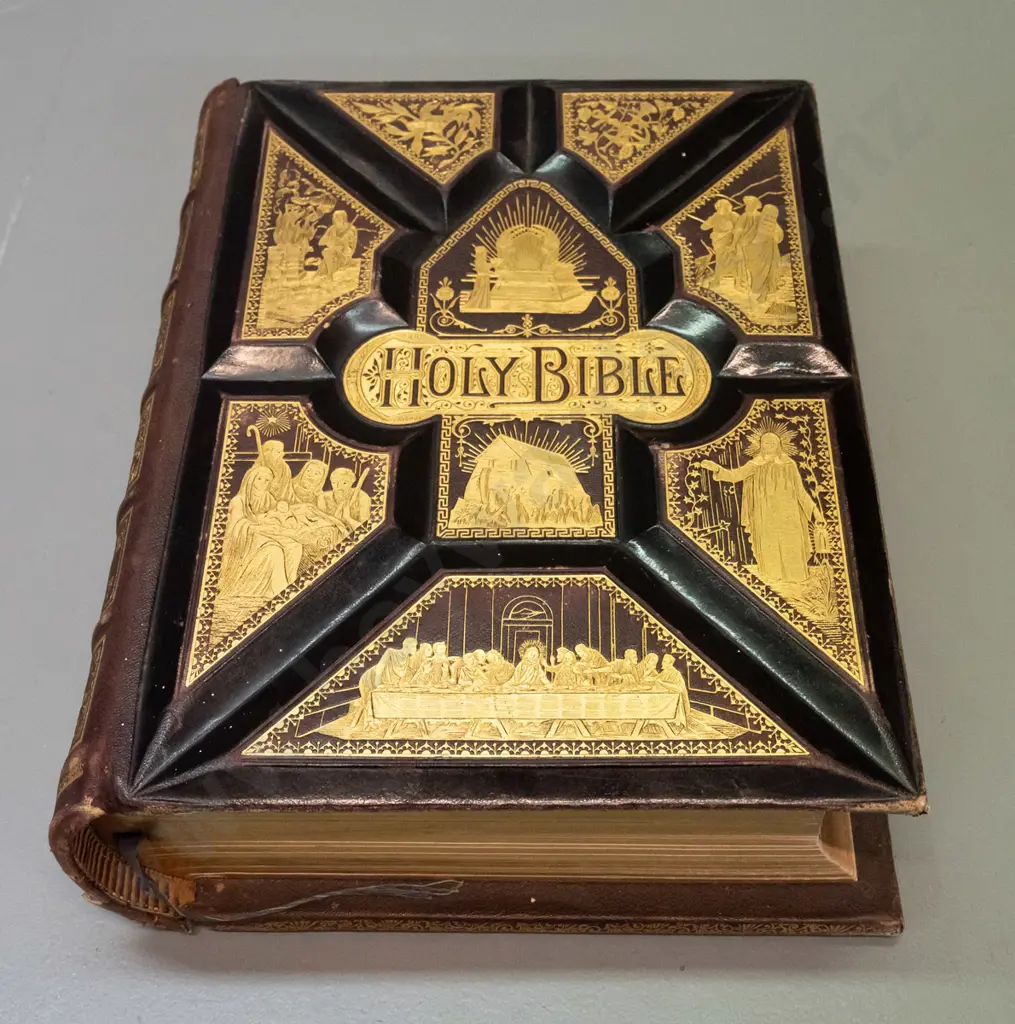 large illustrated Bible with thick pressed leather-covered boards, 1889 presentation inscription, colour lithograph and Image 1++