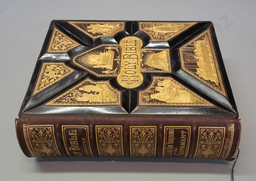 large illustrated Bible with thick pressed leather-covered boards, 1889 presentation inscription, colour lithograph and Image 1++