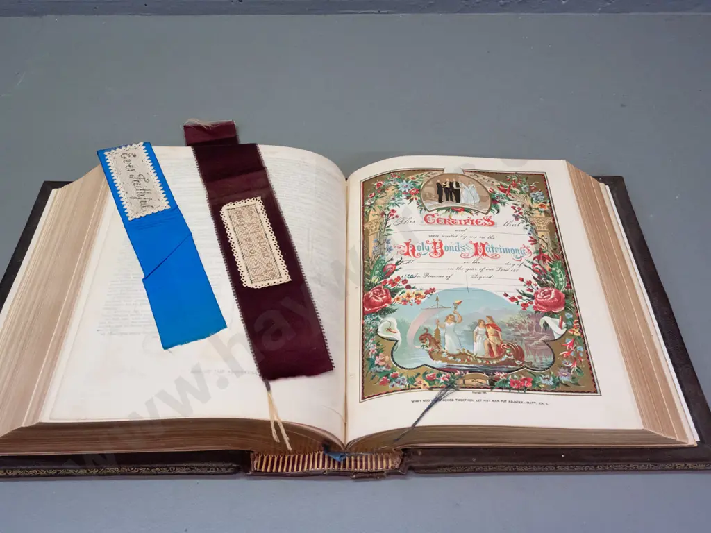 large illustrated Bible with thick pressed leather-covered boards, 1889 presentation inscription, colour lithograph and Image 1++