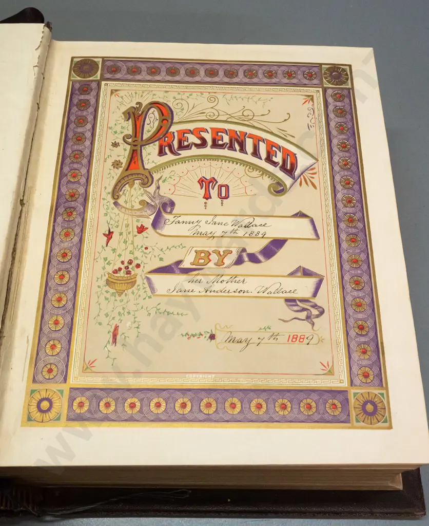 large illustrated Bible with thick pressed leather-covered boards, 1889 presentation inscription, colour lithograph and Image 1++