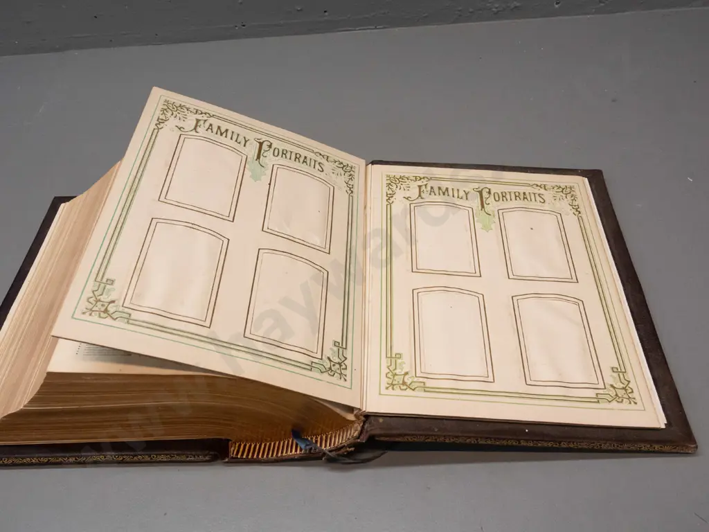 large illustrated Bible with thick pressed leather-covered boards, 1889 presentation inscription, colour lithograph and Image 1++