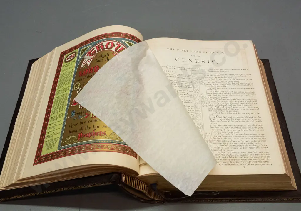 large illustrated Bible with thick pressed leather-covered boards, 1889 presentation inscription, colour lithograph and Image 1++