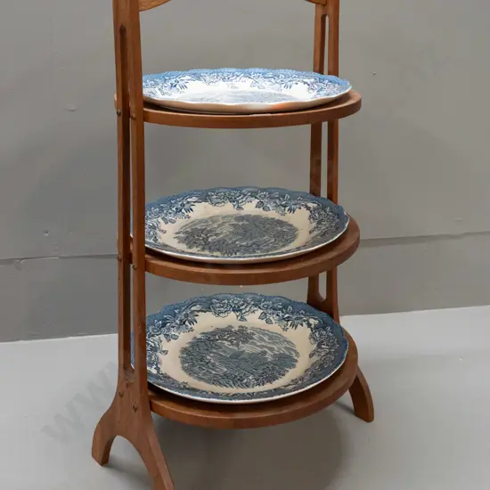 vintage oak 3-tier cake plate stand with 3 Ridgway's blue & white Woburn pattern plates. H-460 WW-250