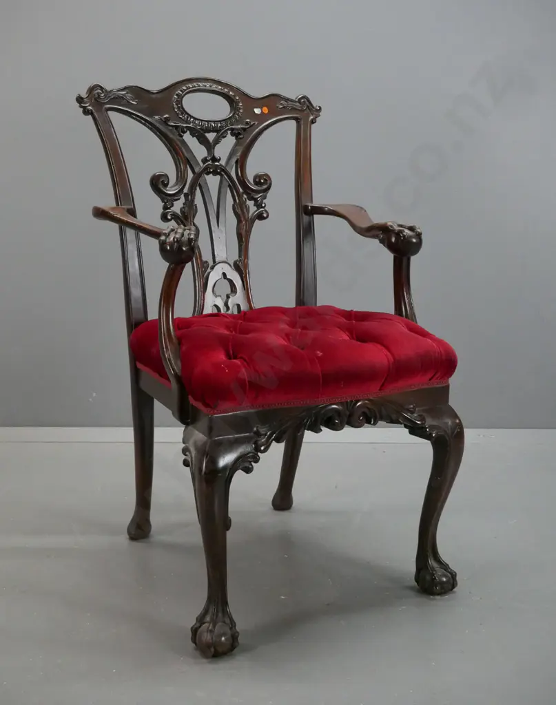 vintage mahogany Chippendale-style open-armed carver chair, carved back splat and ball & claw arms, shaped cab legs in Image 1++