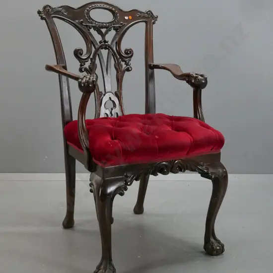 vintage mahogany Chippendale-style open-armed carver chair, carved back splat and ball & claw arms, shaped cab legs in