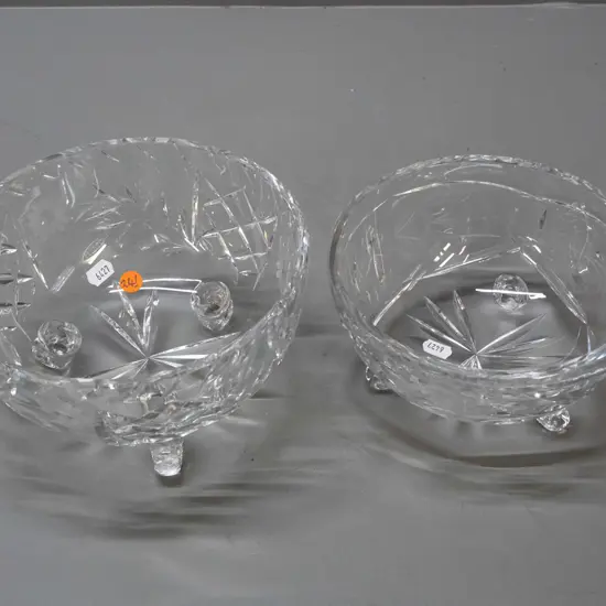 2 cut crystal 3-footed bowls, slightly different sizes, both w/ etched flowers, no maker's marks, larger is H-110 D-200