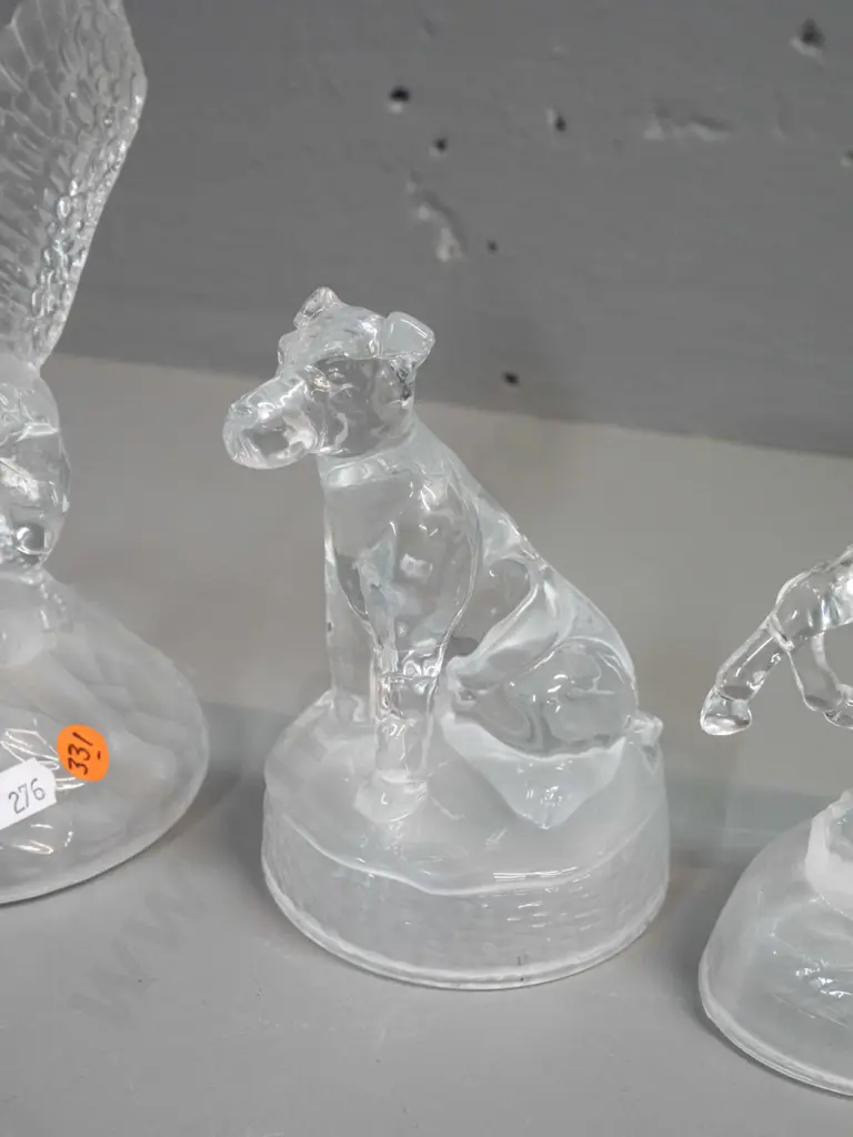 4 moulded glass animal ornaments - leaping dolphin, sitting dog, rearing horse, eagle - all clear with frosted base, no Image 1++