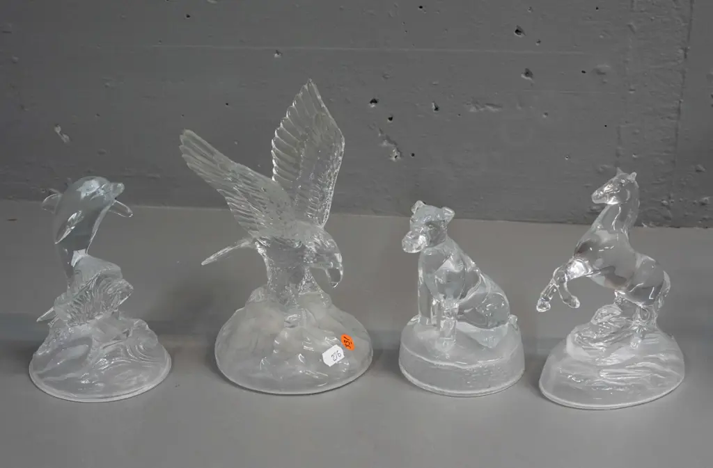 4 moulded glass animal ornaments - leaping dolphin, sitting dog, rearing horse, eagle - all clear with frosted base, no Image 1++