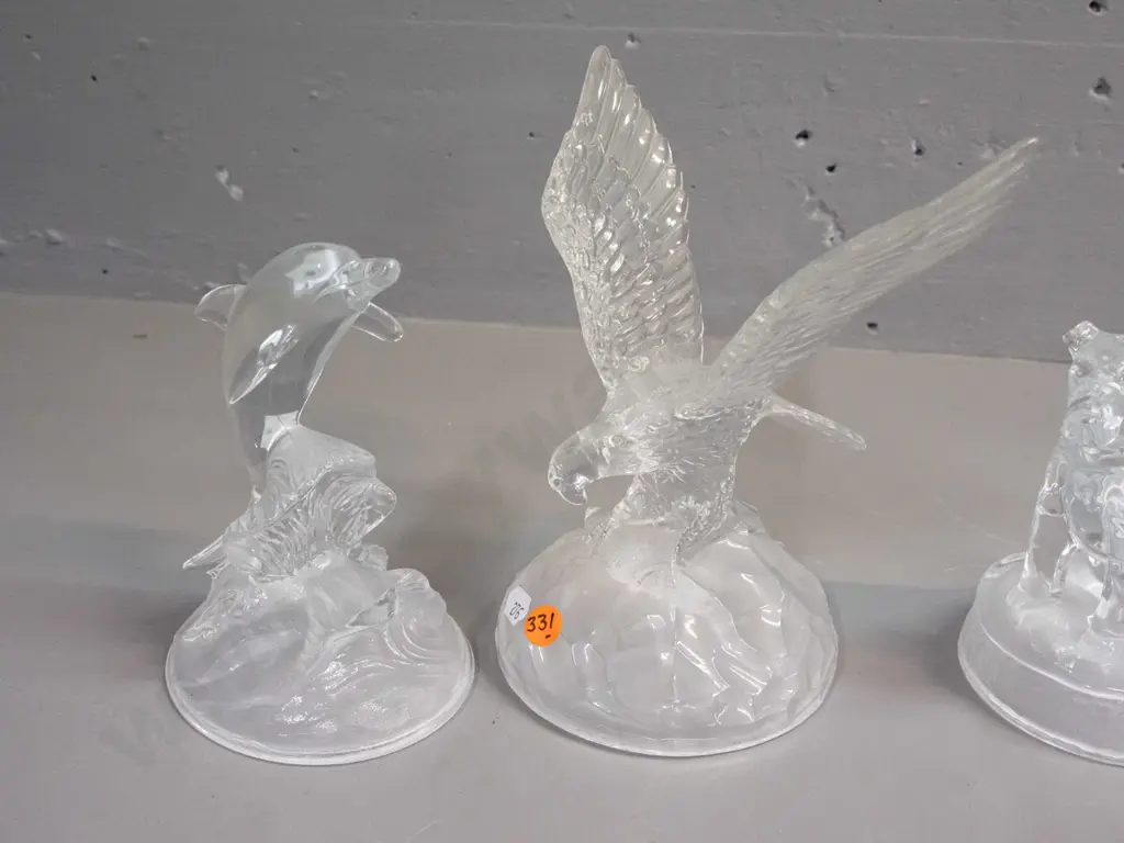 4 moulded glass animal ornaments - leaping dolphin, sitting dog, rearing horse, eagle - all clear with frosted base, no Image 1++
