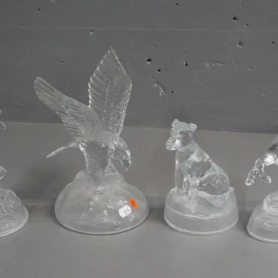 4 moulded glass animal ornaments - leaping dolphin, sitting dog, rearing horse, eagle - all clear with frosted base, no