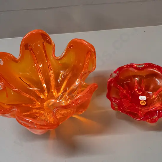 2 pieces art glass - large orange ribbed bowl with Japan label H-150 W-250 and red and amber ashtray