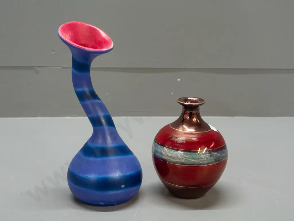 2 New Zealand pottery vases - Robert Wagoner whimsical striped twisted design and a bottle vase marked M. Cogswell with Image 1++
