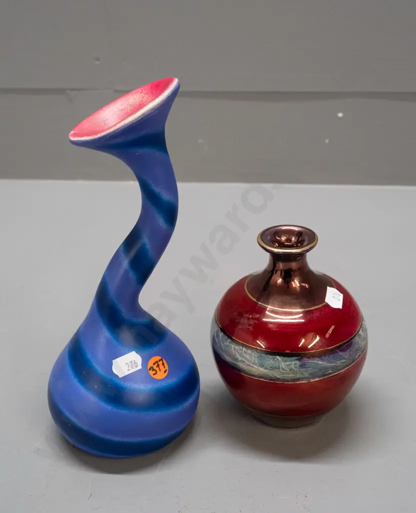 2 New Zealand pottery vases - Robert Wagoner whimsical striped twisted design and a bottle vase marked M. Cogswell with Image 1++