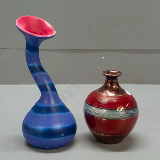 2 New Zealand pottery vases - Robert Wagoner whimsical striped twisted design and a bottle vase marked M. Cogswell with