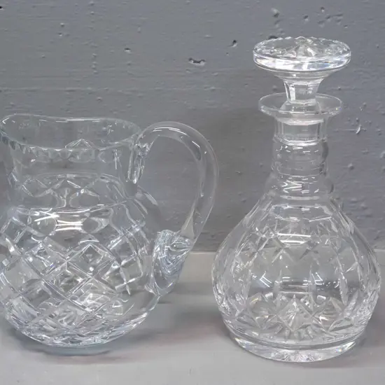 cut crystal stoppered decanter H-230 and jug, no maker's marks