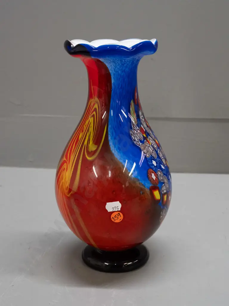 heavy art glass vase with white interior, multi-colour millefiore cane over mottled blue and red H-280 Image 1++