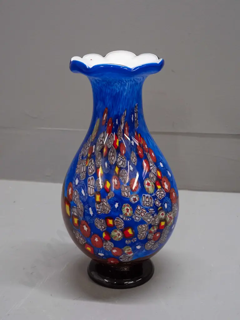 heavy art glass vase with white interior, multi-colour millefiore cane over mottled blue and red H-280 Image 1++