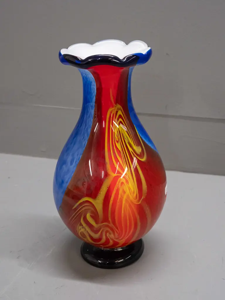 heavy art glass vase with white interior, multi-colour millefiore cane over mottled blue and red H-280 Image 1++