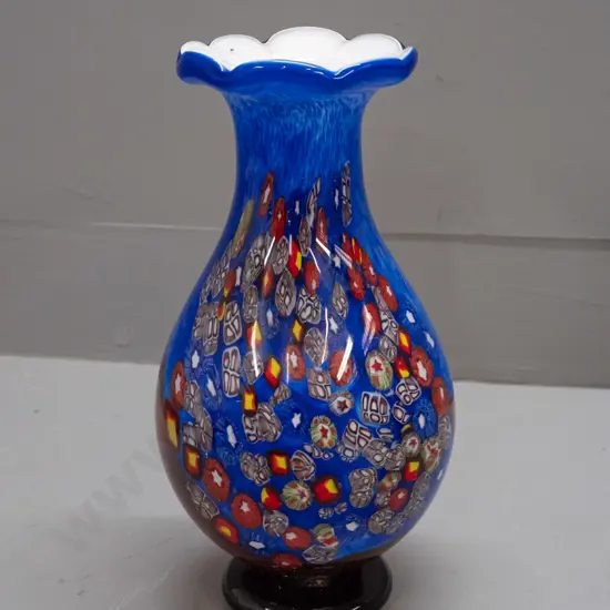 heavy art glass vase with white interior, multi-colour millefiore cane over mottled blue and red H-280