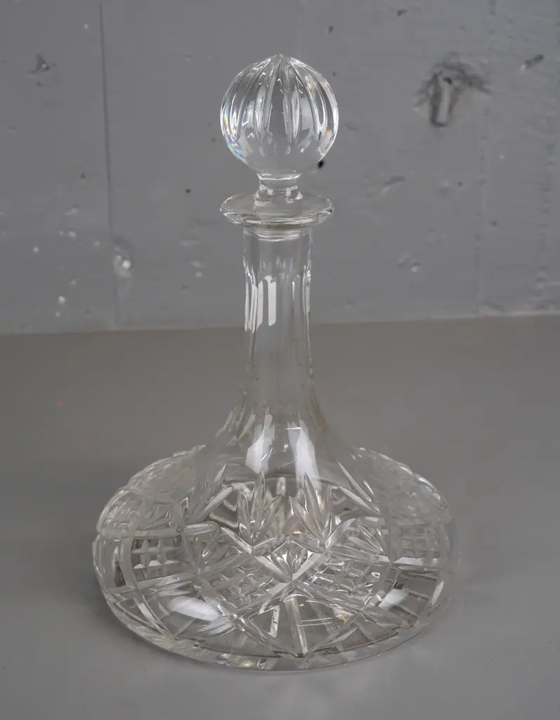Royal Doulton cut crystal stoppered ship's decanter with label - some staining inside. H-290 D-190 at widest Image 1++
