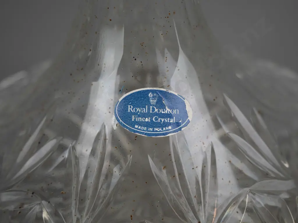 Royal Doulton cut crystal stoppered ship's decanter with label - some staining inside. H-290 D-190 at widest Image 1++