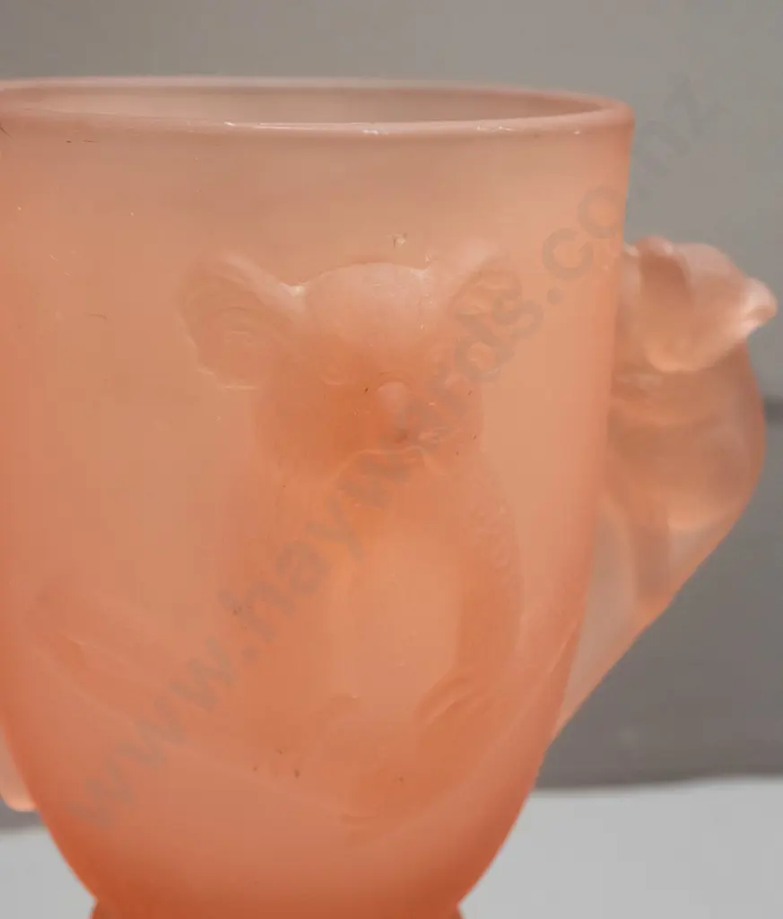 pink frosted & moulded glass vase with koala motifs and handles - some scratches and possibly tiny spots of paint H-200 Image 1++