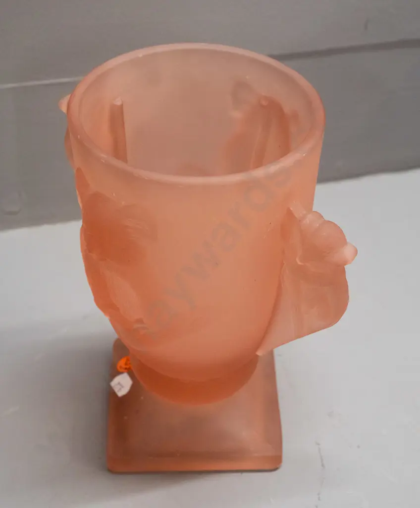 pink frosted & moulded glass vase with koala motifs and handles - some scratches and possibly tiny spots of paint H-200 Image 1++