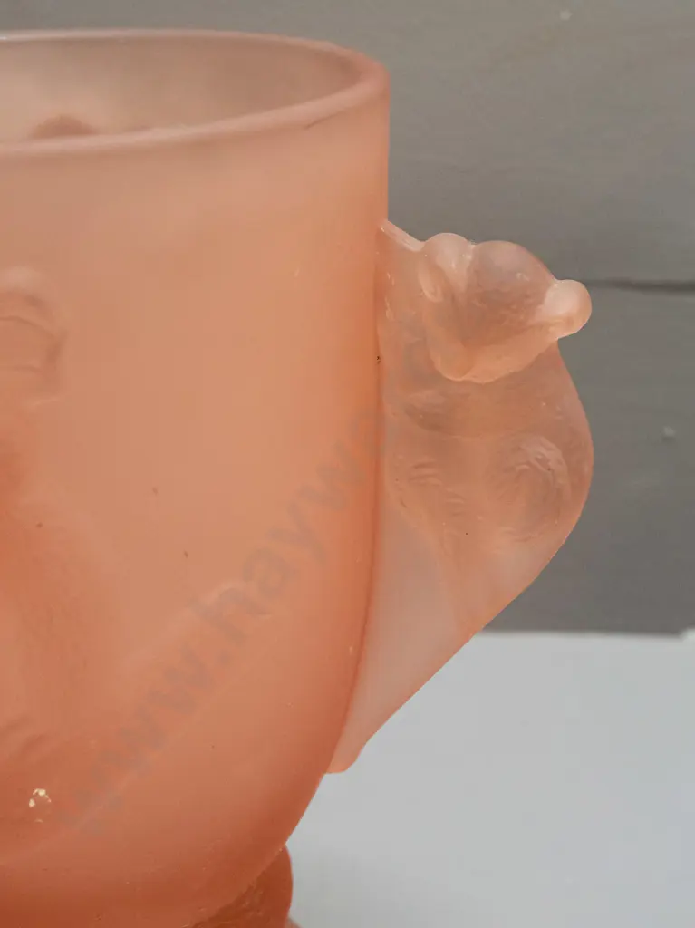 pink frosted & moulded glass vase with koala motifs and handles - some scratches and possibly tiny spots of paint H-200 Image 1++