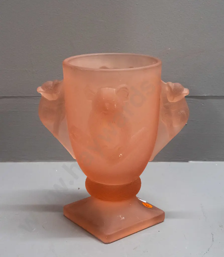 pink frosted & moulded glass vase with koala motifs and handles - some scratches and possibly tiny spots of paint H-200 Image 1++