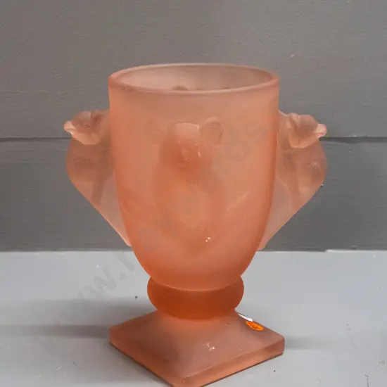 pink frosted & moulded glass vase with koala motifs and handles - some scratches and possibly tiny spots of paint H-200
