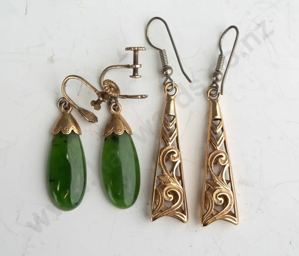 gold drop pierced earrings with plated hook fittings no mark & greenstone drop earrings capped screw on no mark Image 1++