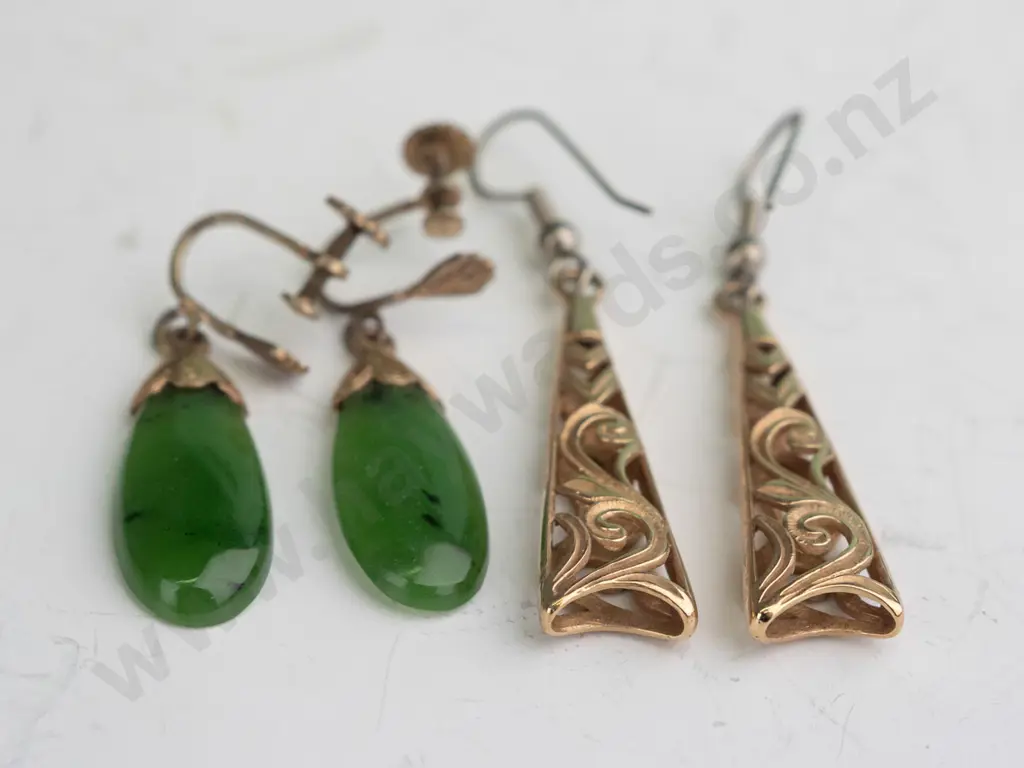 gold drop pierced earrings with plated hook fittings no mark & greenstone drop earrings capped screw on no mark Image 1++