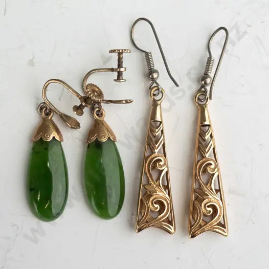 gold drop pierced earrings with plated hook fittings no mark & greenstone drop earrings capped screw on no mark
