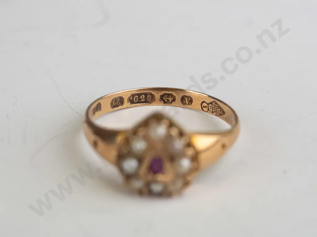 15ct ruby & pearl heart ring EAM stamped 625 in box Image 1++