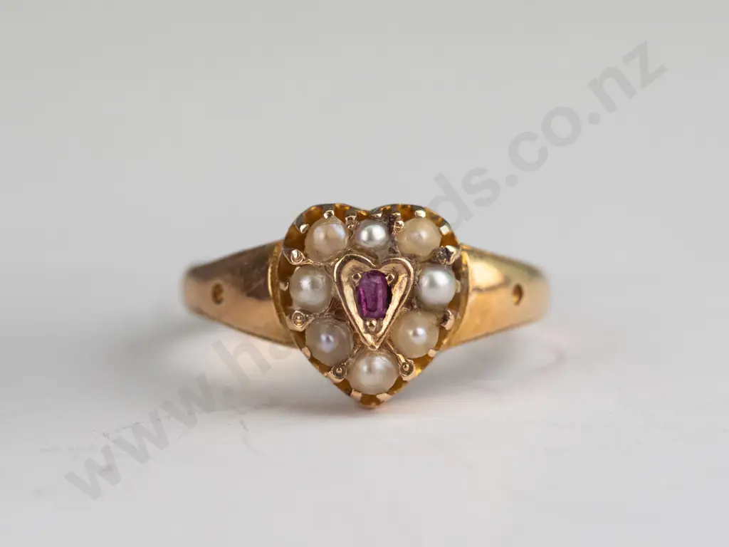 15ct ruby & pearl heart ring EAM stamped 625 in box Image 1++
