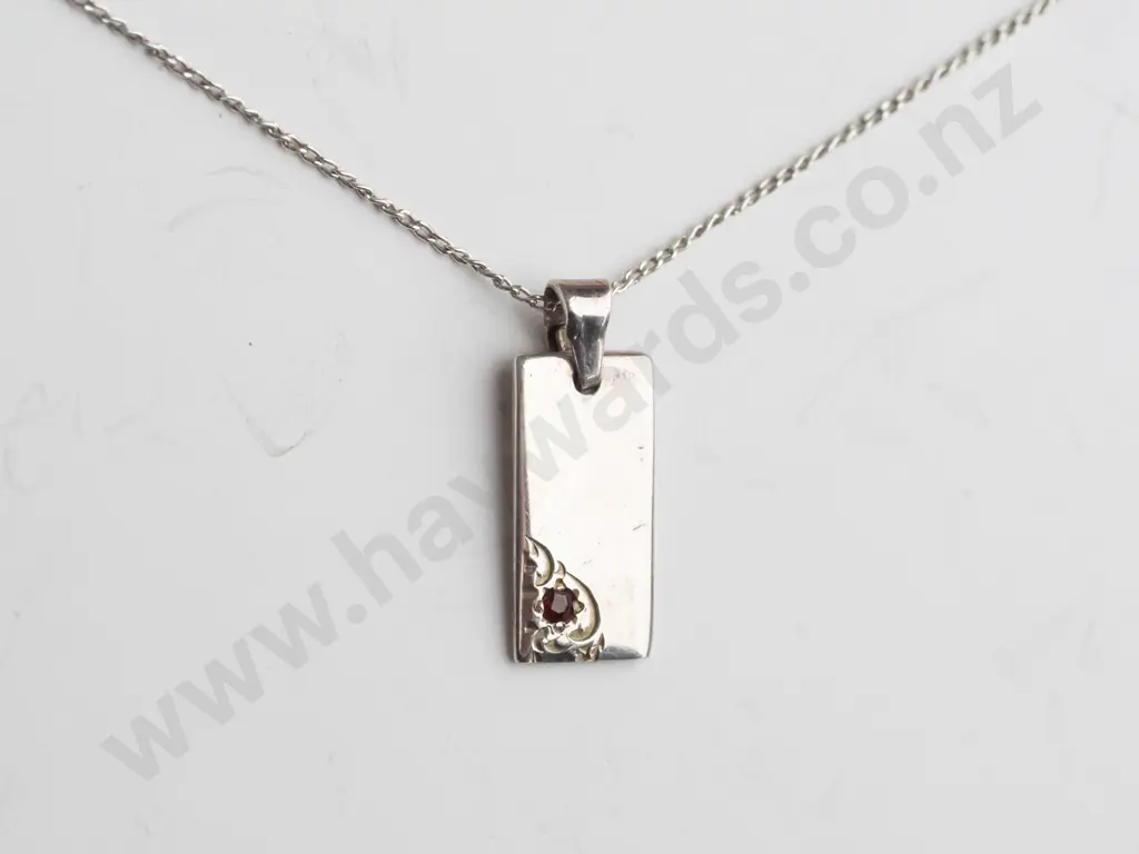 silver ingot necklace with garnet stamped stg sil Image 1++