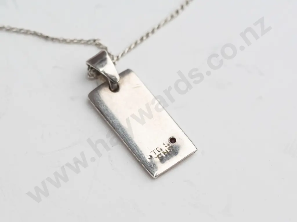 silver ingot necklace with garnet stamped stg sil Image 1++