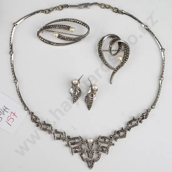 marcasite necklace, earrings & 2 brooches