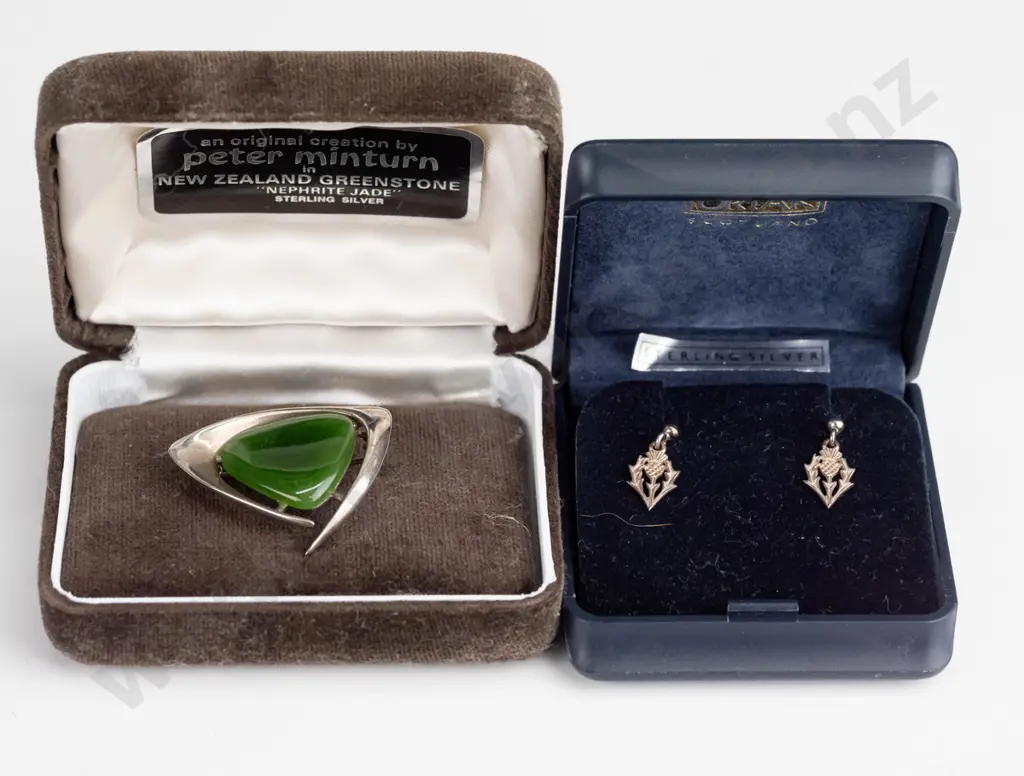 silver greenstone brooch & pair of Scottish thistle earrings both stamped stg sil Image 1++