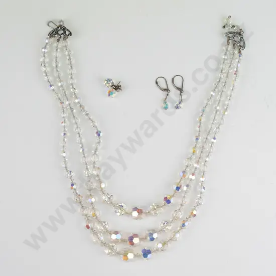 3 strand crystal necklace & 2 pairs of earrings