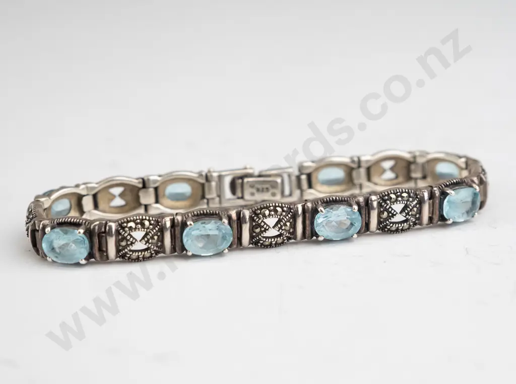 sterling silver 8 blue topaz oval & marcasite bracelet Image 1++