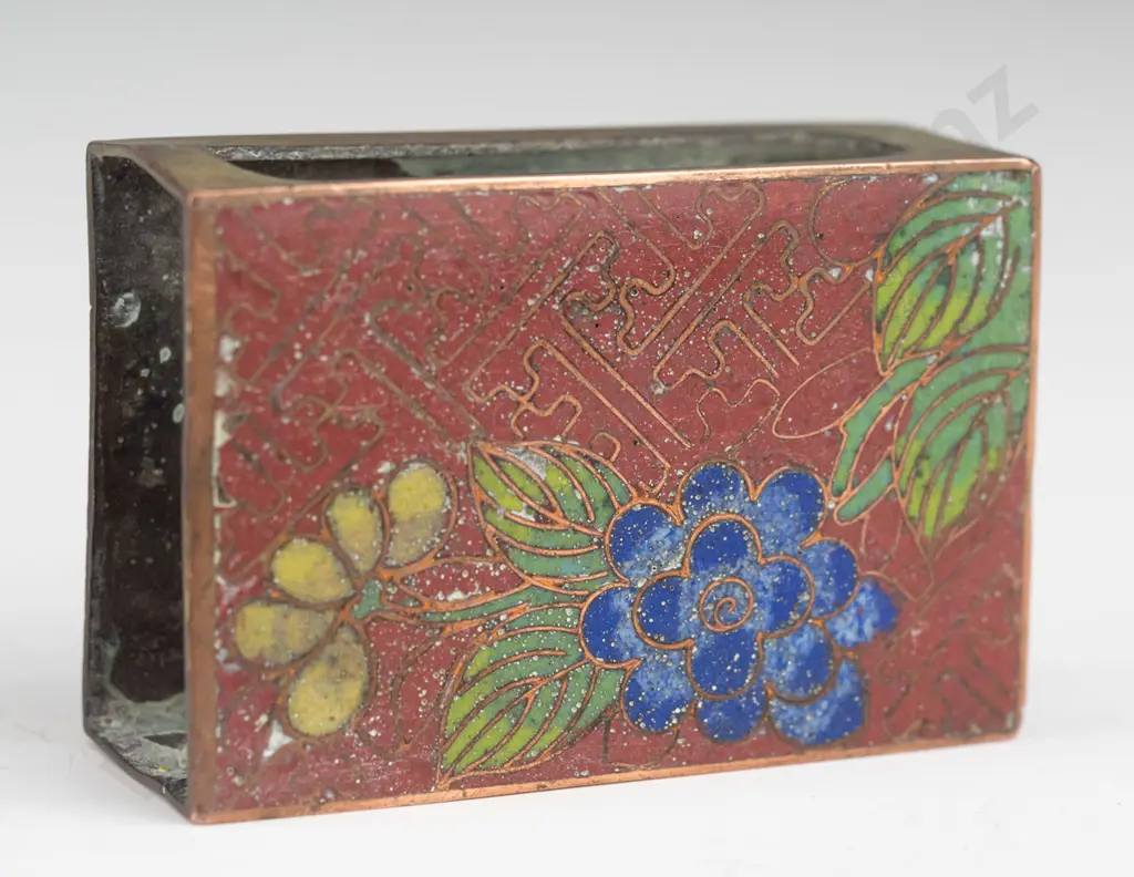 2 matchbox covers & a lighter engraved 'NZ Centennial Exhibition 1940' - cloisonne matchbox case has some wear and Image 1++