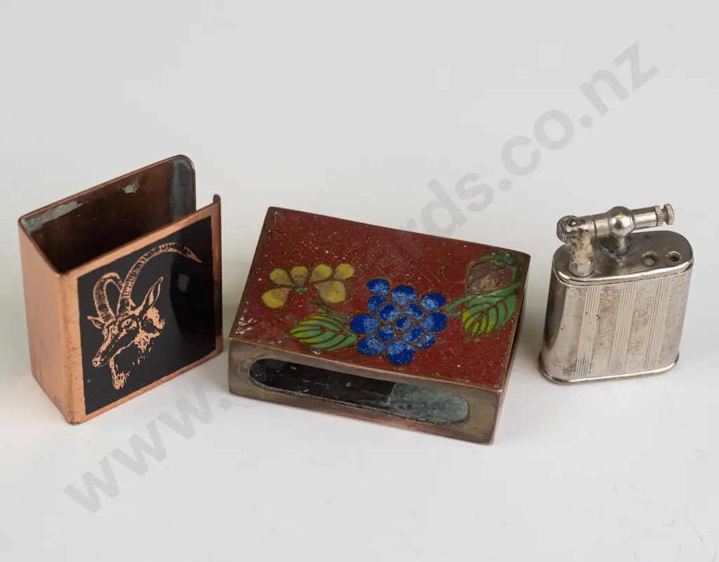 2 matchbox covers & a lighter engraved 'NZ Centennial Exhibition 1940' - cloisonne matchbox case has some wear and Image 1++