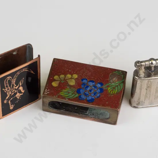 2 matchbox covers & a lighter engraved 'NZ Centennial Exhibition 1940' - cloisonne matchbox case has some wear and