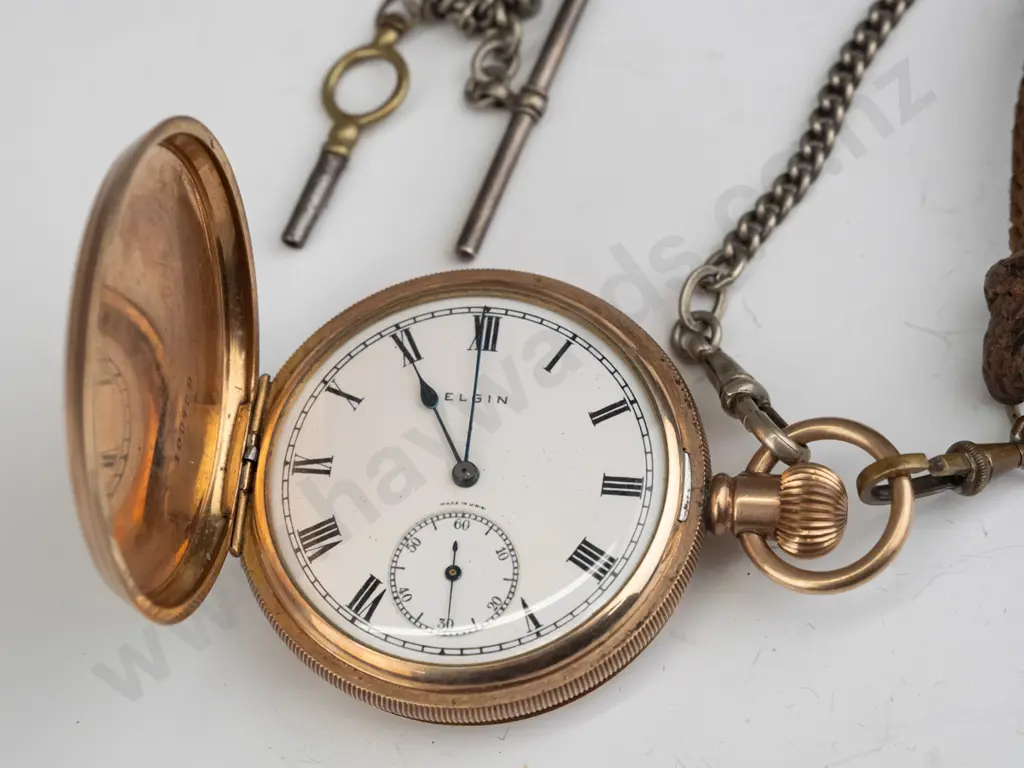Elgin USA pocket watch gold plated with chain, strap & key - broken spring Image 1++