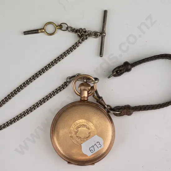 Elgin USA pocket watch gold plated with chain, strap & key - broken spring